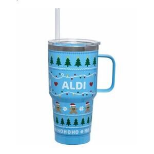 Aldi Gear Christmas Tumbler Stainless Steel Travel Handle Mug Straw 28.74oz. NEW
